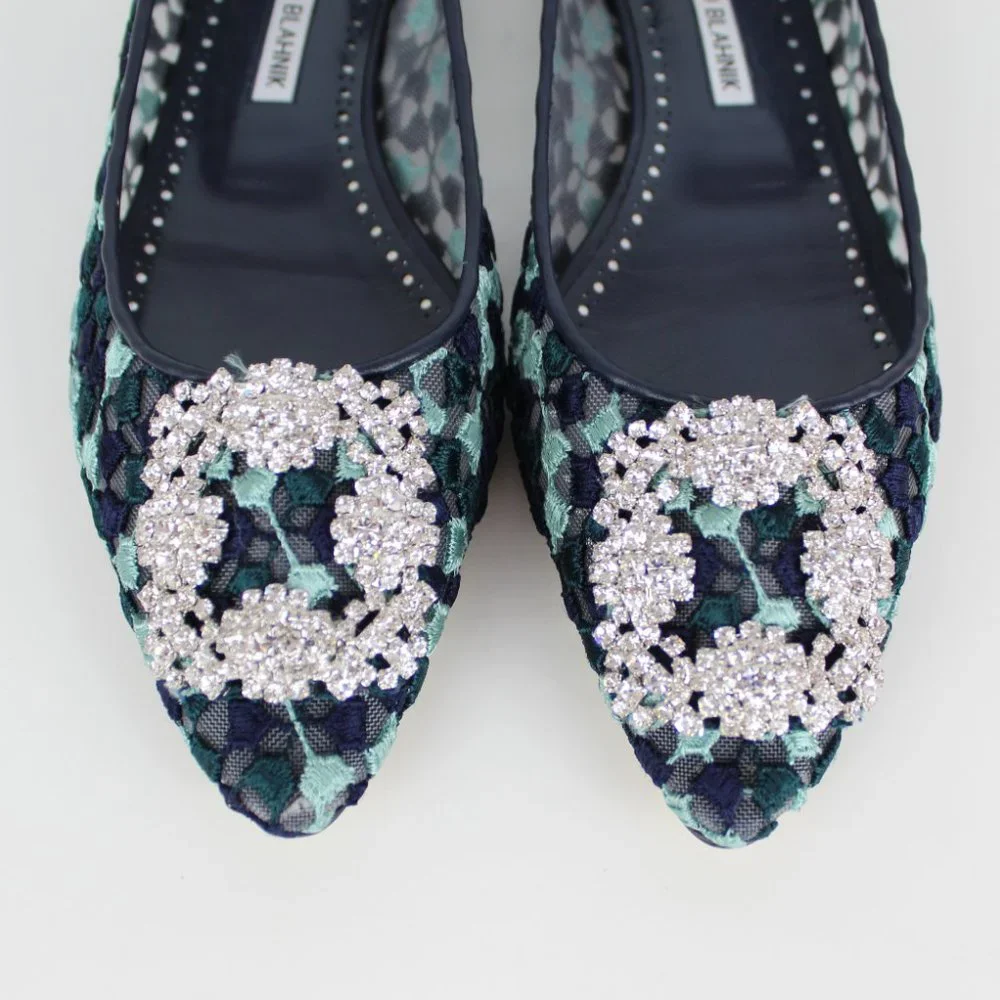 NEW Manolo Blahnik Hangisi Crystal Buckle Lace Flats YWOV EU 39
